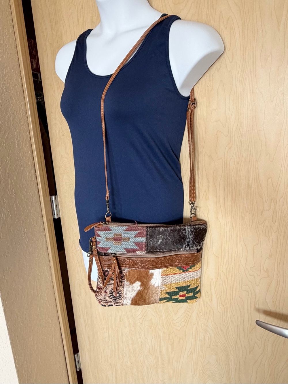 Myra Bag Brown Multi Patchwork Crossbody with Cowhide & Leather Trim Aztec Print - Picture 1 of 13